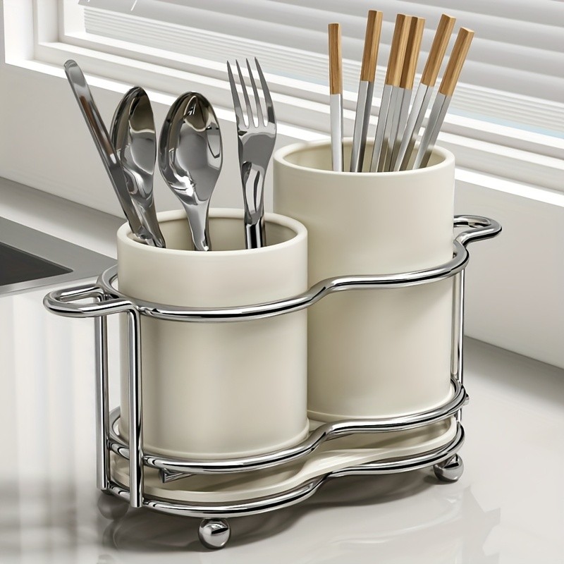 URLUNA Cutlery Holder Dual-Compartment Silverware Organizer with Metal Frame for Kitchen & Countertop Storage