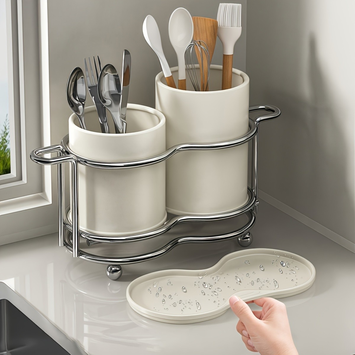URLUNA Cutlery Holder  Dual-Compartment Silverware Organizer with Metal Frame for Kitchen & Countertop Storage