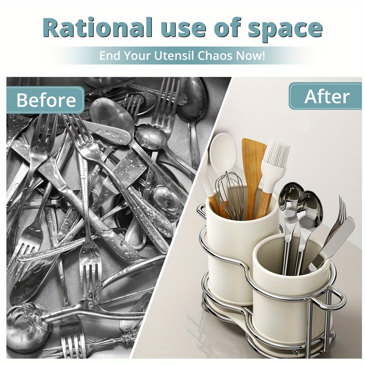 URLUNA Cutlery Holder Dual-Compartment Silverware Organizer with Metal Frame for Kitchen & Countertop Storage