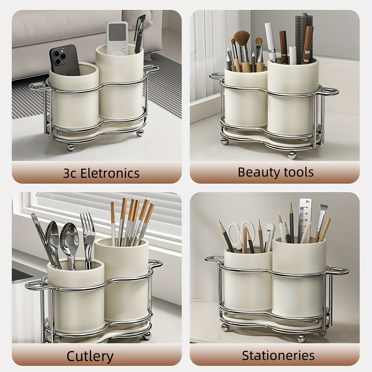 URLUNA Cutlery Holder Dual-Compartment Silverware Organizer with Metal Frame for Kitchen & Countertop Storage