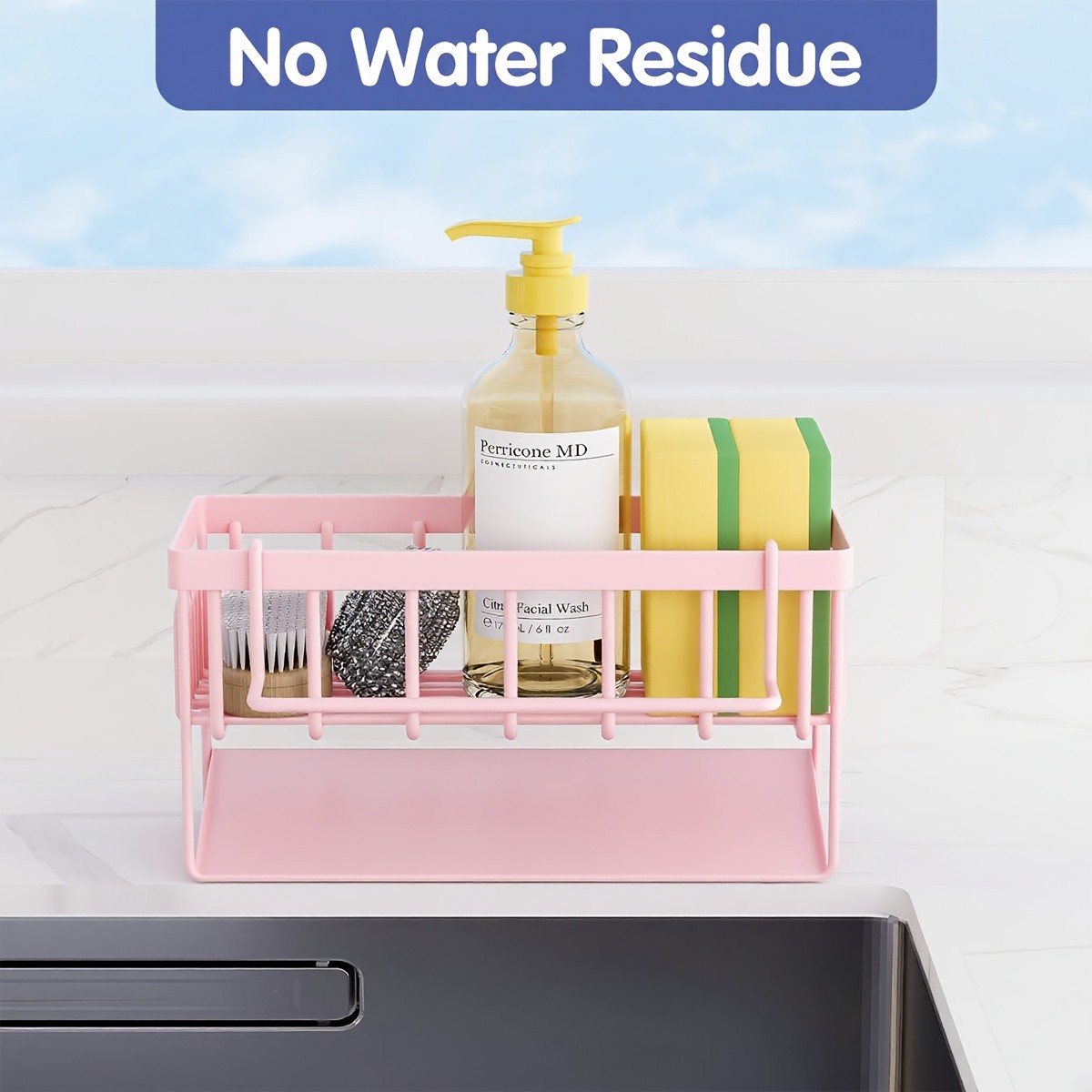 URLUNA Sink Caddy with Rag Hook & Self-Drain Tray Pink Kitchen Organizer for Sponges, Cloths & Cleaning Supplies