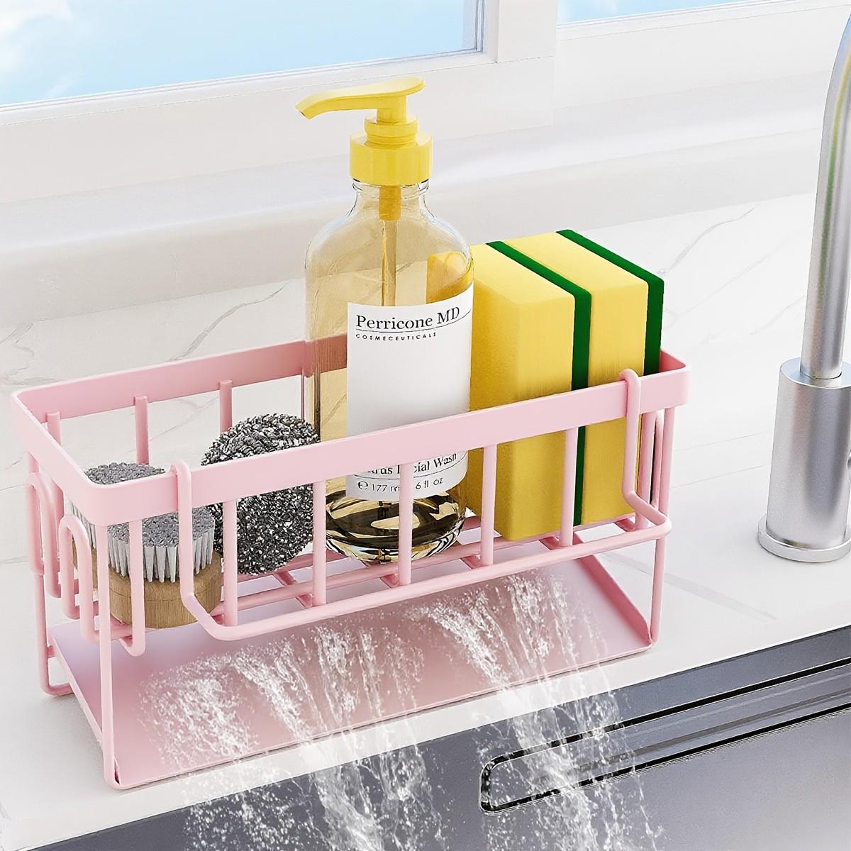 URLUNA Sink Caddy with Rag Hook & Self-Drain Tray Pink Kitchen Organizer for Sponges, Cloths & Cleaning Supplies