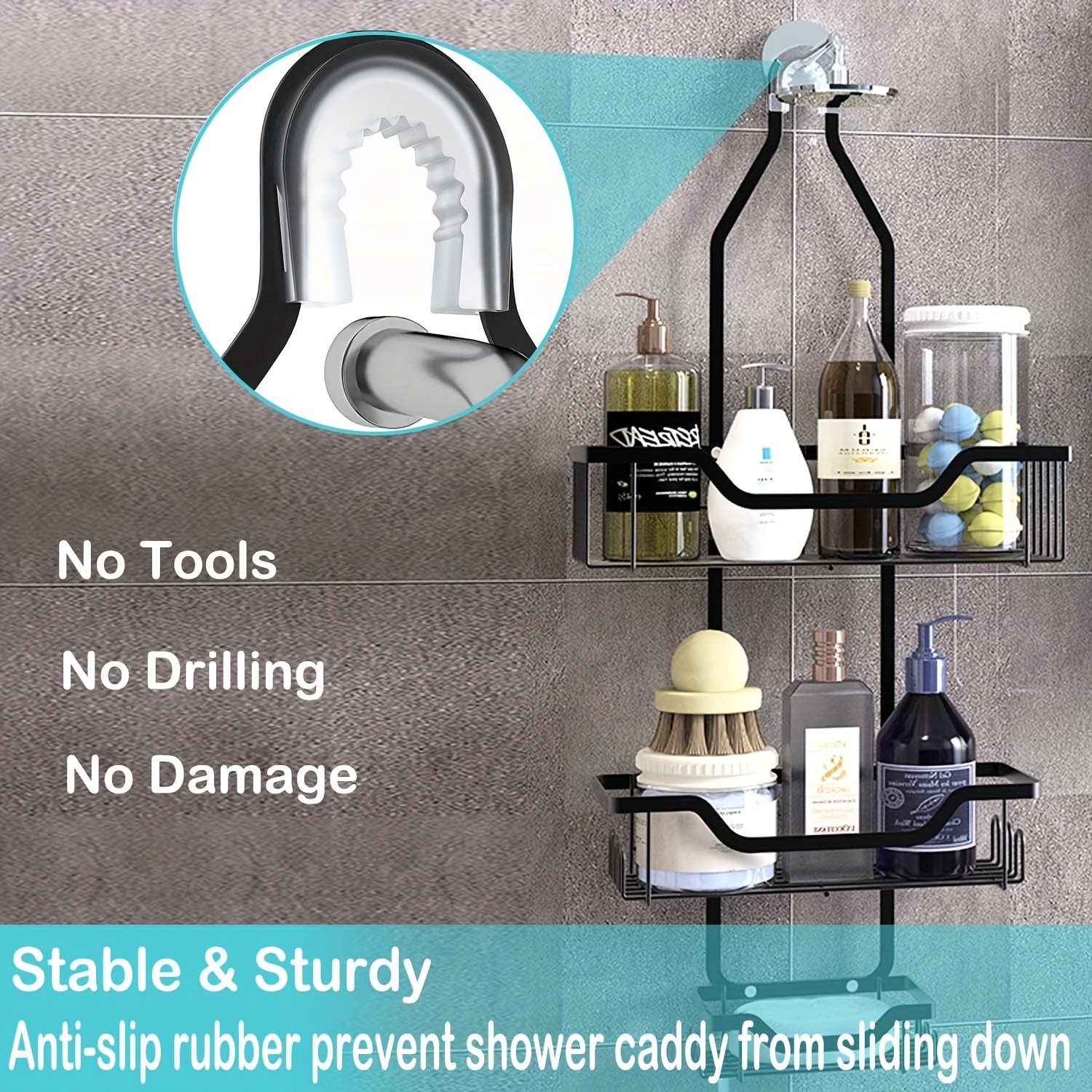 URLUNA Rustproof Black Shower Caddy Wall-Mounted No-Drill Bathroom Organizer with Soap Holder