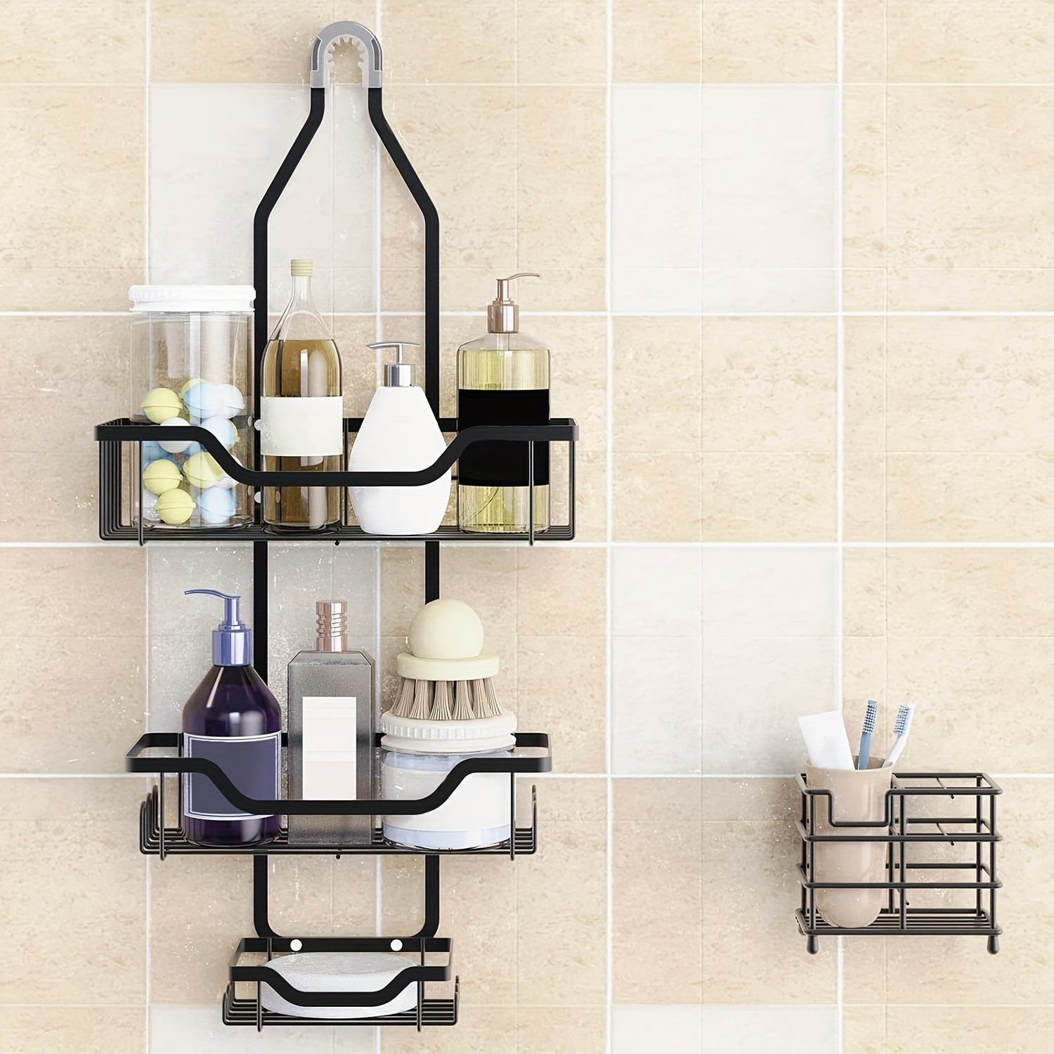 URLUNA Rustproof Black Shower Caddy Wall-Mounted No-Drill Bathroom Organizer with Soap Holder