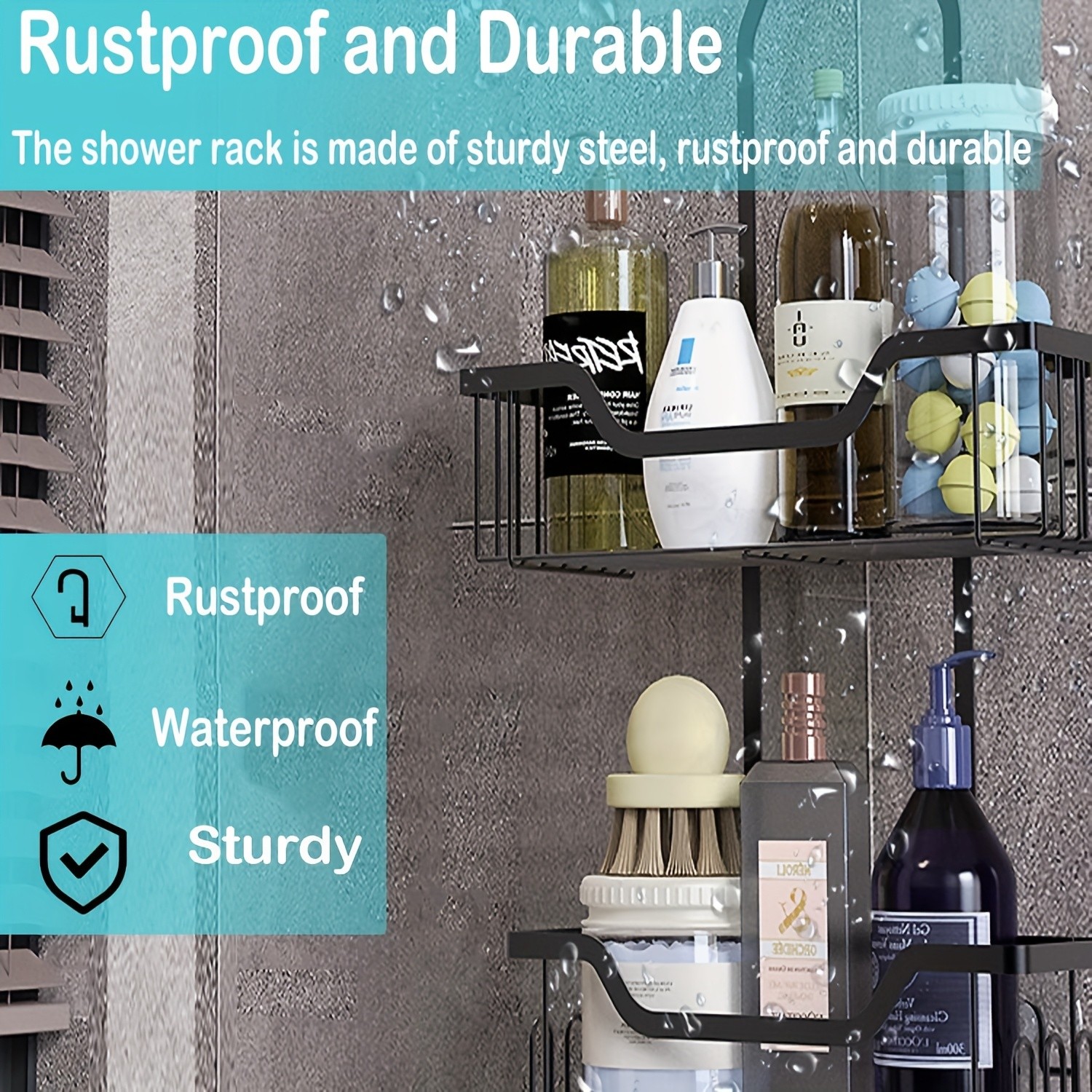 URLUNA Rustproof Black Shower Caddy Wall-Mounted No-Drill Bathroom Organizer with Soap Holder