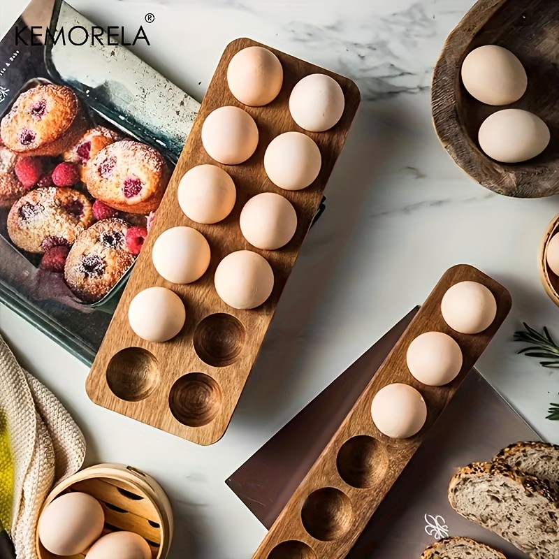 KEMORELA Wooden Egg Storage Box Multi-Compartment Egg Holder Tray for Home Kitchen Organisation