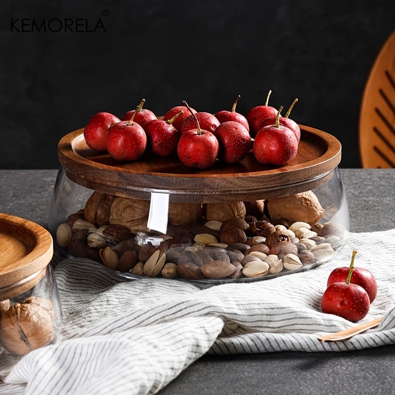 KEMORELA Double Layer Glass Bowl with Wooden Lid Food-Safe Storage Container for Snacks, Fruits, Nuts & Holiday Dcor