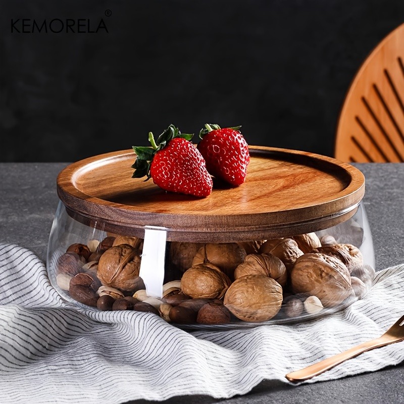KEMORELA Double Layer Glass Bowl with Wooden Lid Food-Safe Storage Container for Snacks, Fruits, Nuts & Holiday Dcor