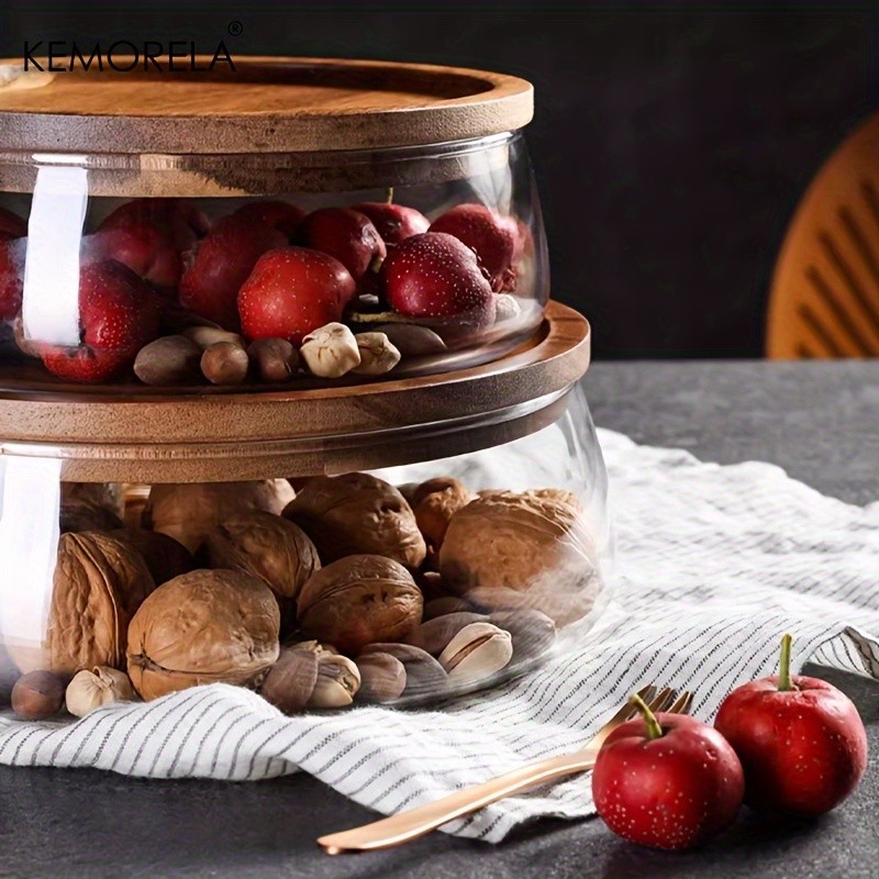 KEMORELA Double Layer Glass Bowl with Wooden Lid Food-Safe Storage Container for Snacks, Fruits, Nuts & Holiday Dcor