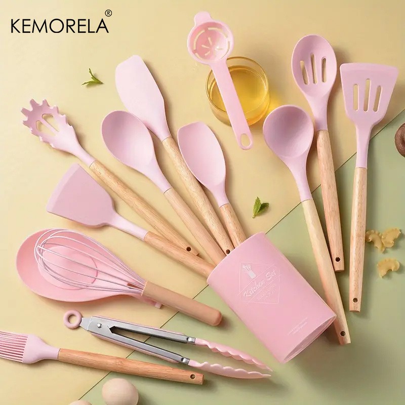 KEMORELA 14pcs Silicone Utensil Set Food-Safe Non-Stick Cooking Tools with Wooden Handles & Colorful Storage Buckets
