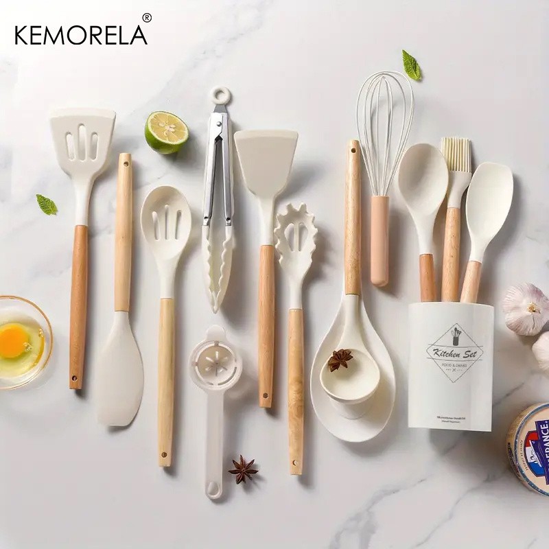 KEMORELA 14pcs Silicone Utensil Set Food-Safe Non-Stick Cooking Tools with Wooden Handles & Colorful Storage Buckets