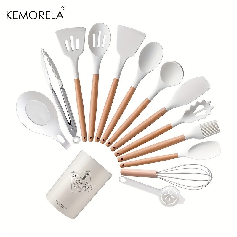 KEMORELA 14pcs Silicone Utensil Set Food-Safe Non-Stick Cooking Tools with Wooden Handles & Colorful Storage Buckets