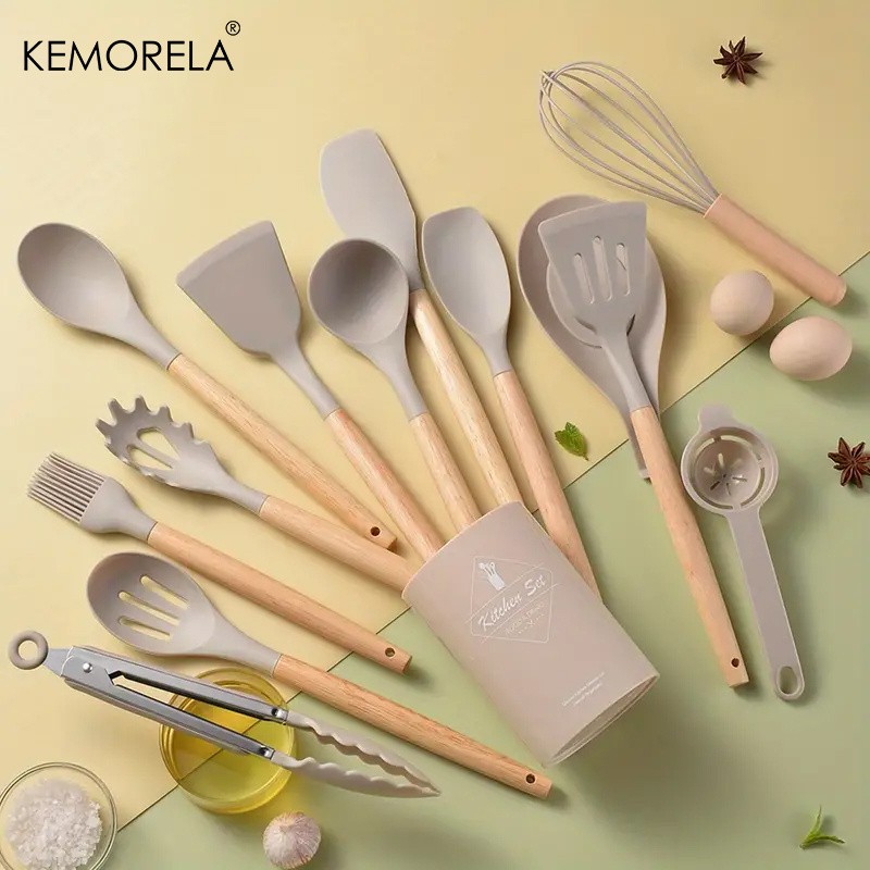 KEMORELA 14pcs Silicone Utensil Set Food-Safe Non-Stick Cooking Tools with Wooden Handles & Colorful Storage Buckets
