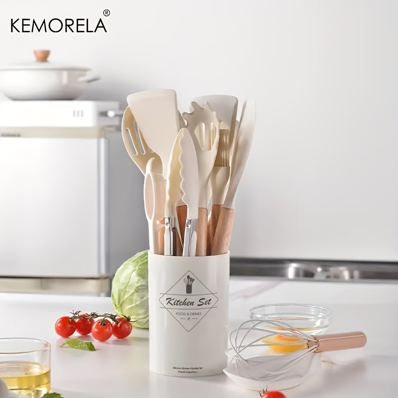 KEMORELA 14pcs Silicone Utensil Set Food-Safe Non-Stick Cooking Tools with Wooden Handles & Colorful Storage Buckets