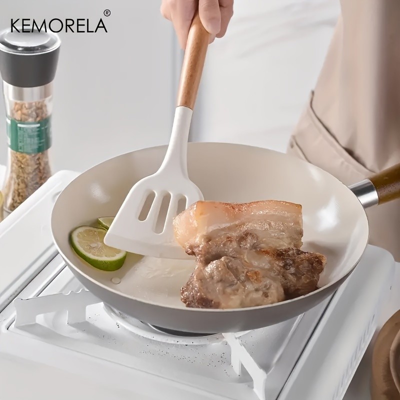 KEMORELA 14pcs Silicone Utensil Set Food-Safe Non-Stick Cooking Tools with Wooden Handles & Colorful Storage Buckets