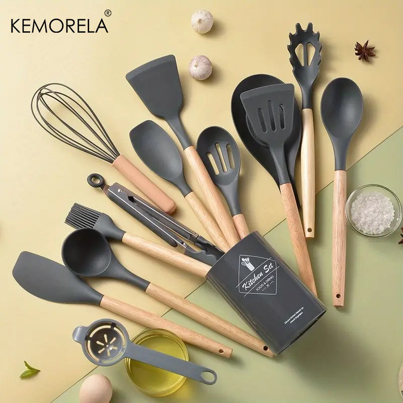 KEMORELA 14pcs Silicone Utensil Set Food-Safe Non-Stick Cooking Tools with Wooden Handles & Colorful Storage Buckets