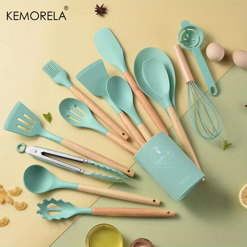 KEMORELA 14pcs Silicone Utensil Set Food-Safe Non-Stick Cooking Tools with Wooden Handles & Colorful Storage Buckets