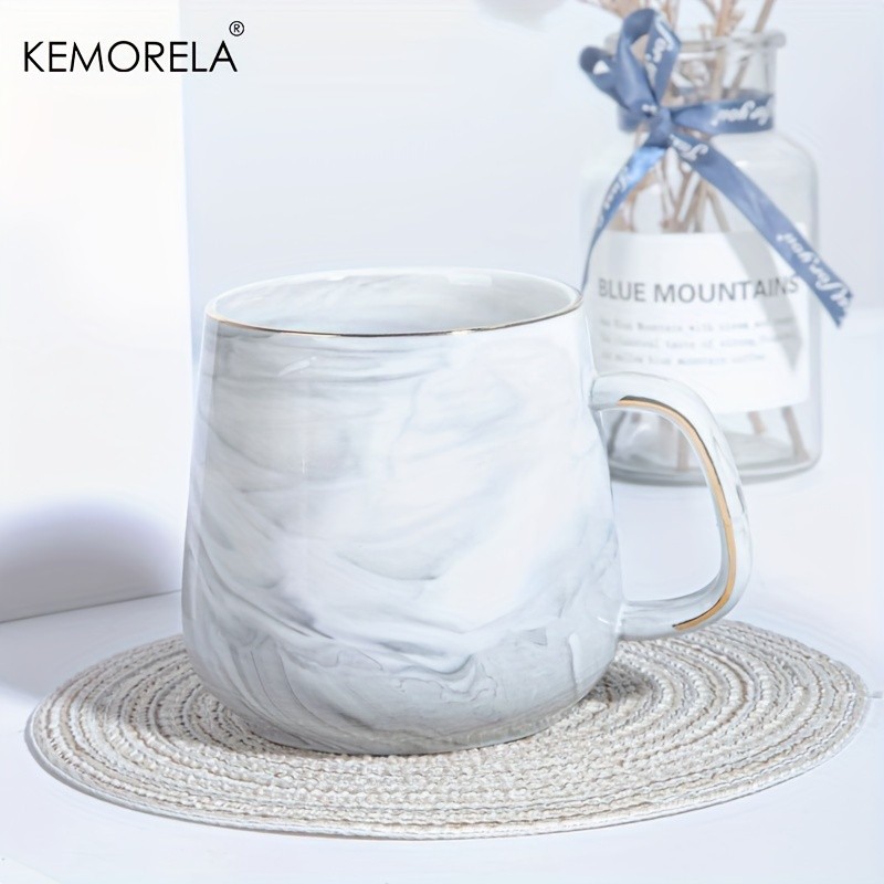 KEMORELA Golden-Trimmed Ceramic Coffee Mug (13.5oz/400ml) Marble Texture Breakfast Cup for Coffee, Milk, Juice & Oatmeal