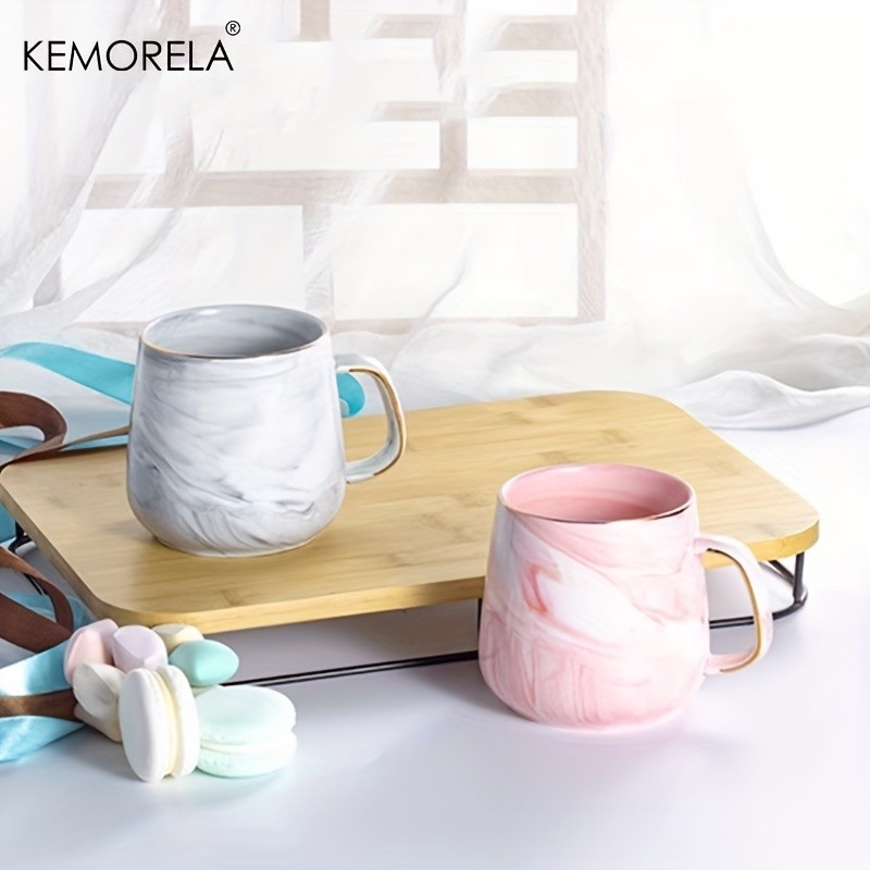 KEMORELA Golden-Trimmed Ceramic Coffee Mug (13.5oz/400ml) Marble Texture Breakfast Cup for Coffee, Milk, Juice & Oatmeal