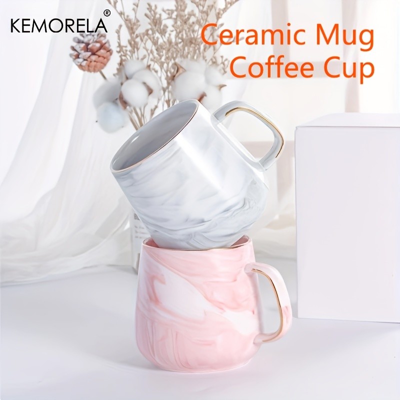 KEMORELA Golden-Trimmed Ceramic Coffee Mug (13.5oz/400ml) Marble Texture Breakfast Cup for Coffee, Milk, Juice & Oatmeal
