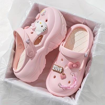 HELLO KITTY Cute Slide Sandals Lightweight EVA Thick-Sole Slip-Ons for Teens (14+) Breathable All-Season Cartoon Hello Kitty Cutout Perfect for Daily Wear, Beach & Playground