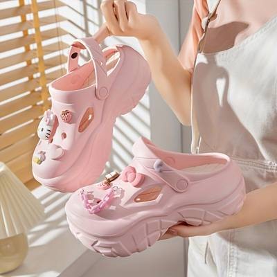 HELLO KITTY Cute Slide Sandals Lightweight EVA Thick-Sole Slip-Ons for Teens (14+) Breathable All-Season Cartoon Hello Kitty Cutout Perfect for Daily Wear, Beach & Playground