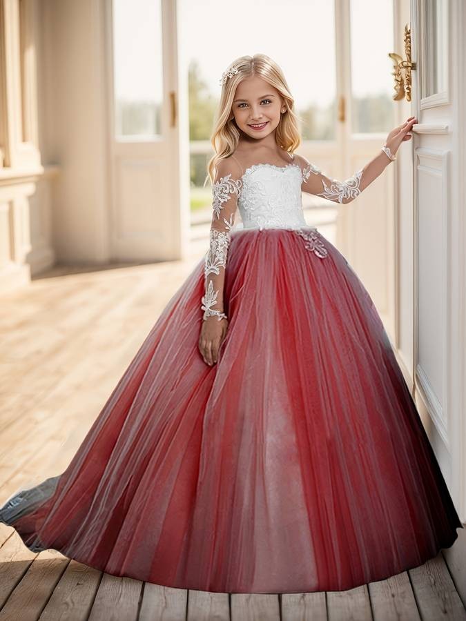 Cute Flower Girl Princess Dress Long Sleeve Christmas Ball Gown (Front Length Measurement) Elegant Party Dress Solid Color Fall/Winter For Girls 12 & Under
