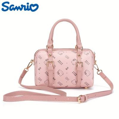 Sanrio Womens KiTi Crossbody Bag Cute Anime Face & Hello Kitty-Inspired Print Lightweight PU Handbag Detachable Strap Zipper Closure Pink Fashion Messenger Bag