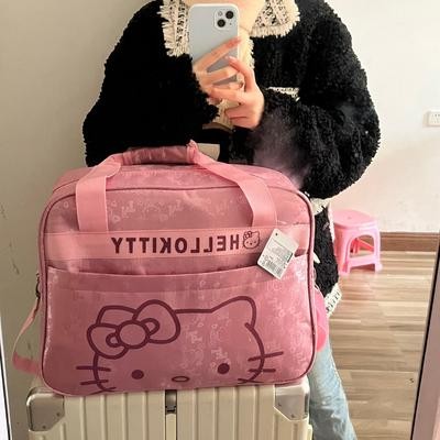 Sanrio Hello Kitty Pink Oxford Cloth Travel Bag Large-Capacity Floral & Character Design Adjustable Shoulder Strap Dual Handles Zipper Closure Lightweight Nylon Travel Bag