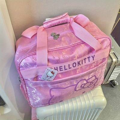 Sanrio Hello Kitty Pink Oxford Cloth Travel Bag Large-Capacity Floral & Character Design Adjustable Shoulder Strap Dual Handles Zipper Closure Lightweight Nylon Travel Bag
