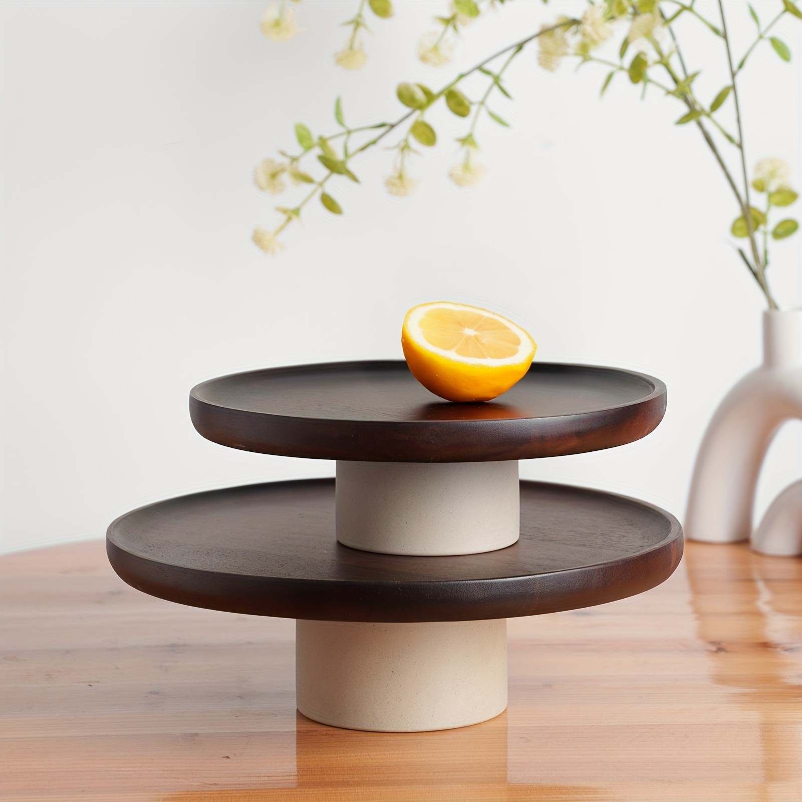 CEEFU Acacia Wood Cake Stand with Pottery Base Elegant Food-Safe Display for Weddings, Parties & NZ Home Celebrations