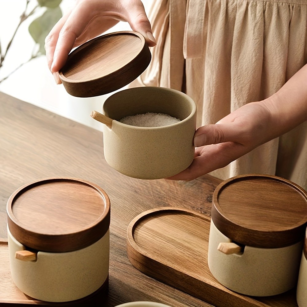 CEEFU Ceramic Spice Jar with Acacia Wood Tray Elegant Porcelain Storage Pot with Lid & Spoon for Salt, Sugar, Coffee & Herbs