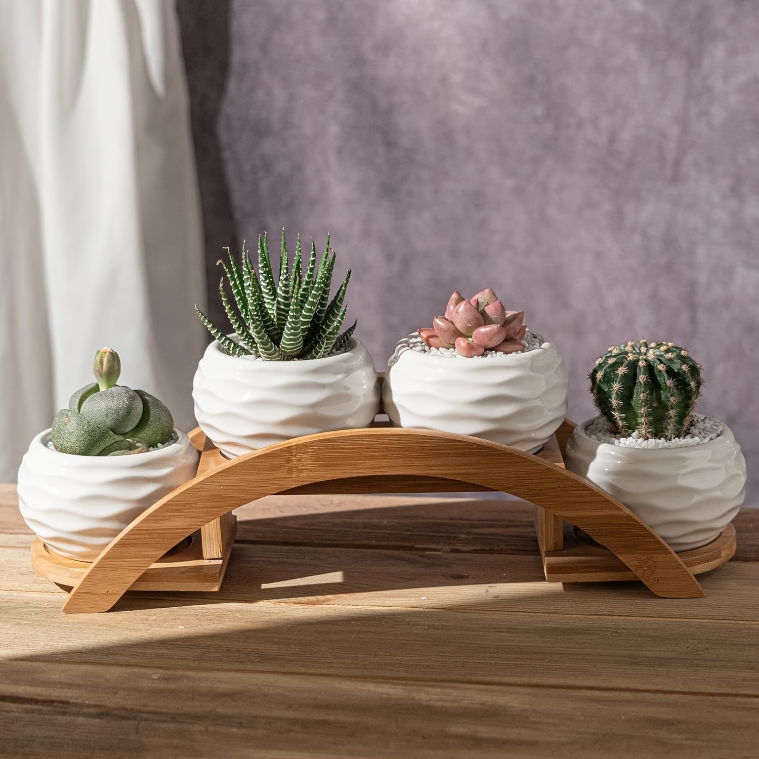 CEEFU 4-Pot Ceramic Succulent Planter Set with Stand Modern White Ripple-Texture Pots with Drainage for Indoor & Outdoor Plants