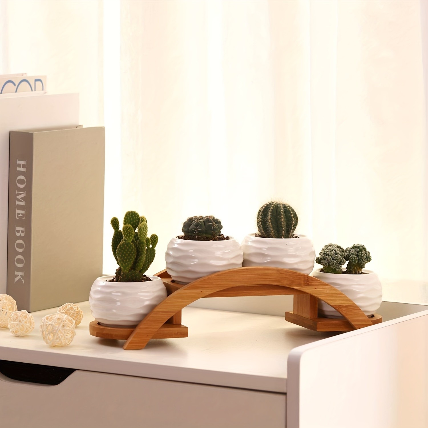 CEEFU 4-Pot Ceramic Succulent Planter Set with Stand Modern White Ripple-Texture Pots with Drainage for Indoor & Outdoor Plants