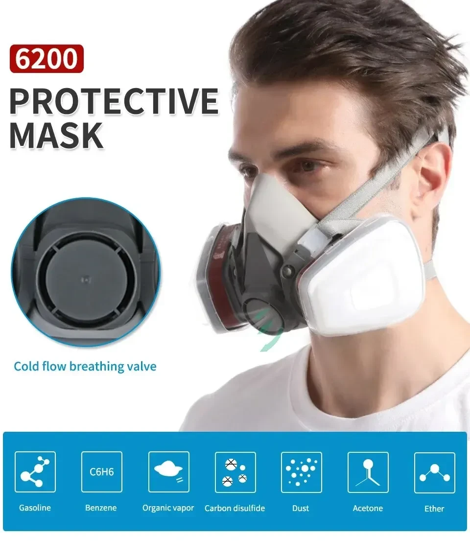 Original 6200 Reusable Respirator Half Face Cover Gas Mask With Fog-proof Glasses For Painting Spray Polishing Work Safety Smoke