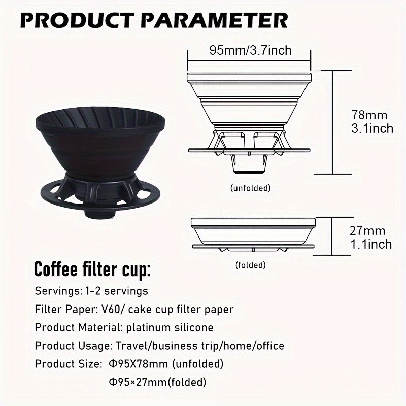 KT THERMO Collapsible Silicone Pour-Over Coffee Dripper Foldable V60 Filter Cup for Camping, Hiking & Outdoor Brewing