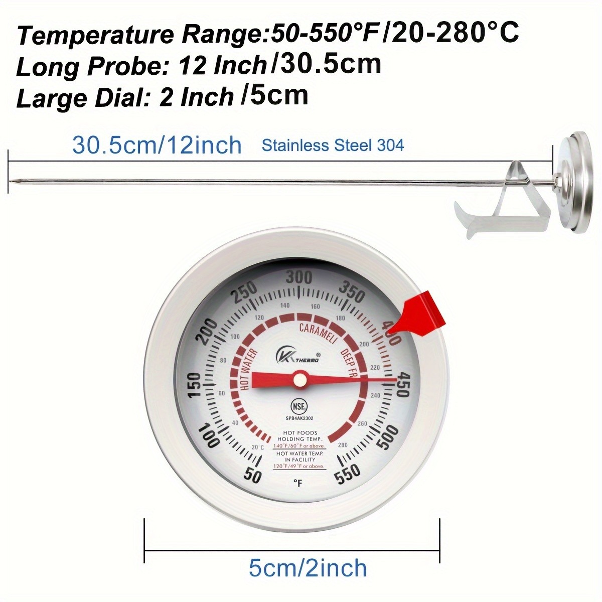 KT THERMO Long-Probe Deep Fry Thermometer with Adjustable Needle Stainless Steel 30.48cm Clip-On Gauge for BBQ, Frying & Cooking