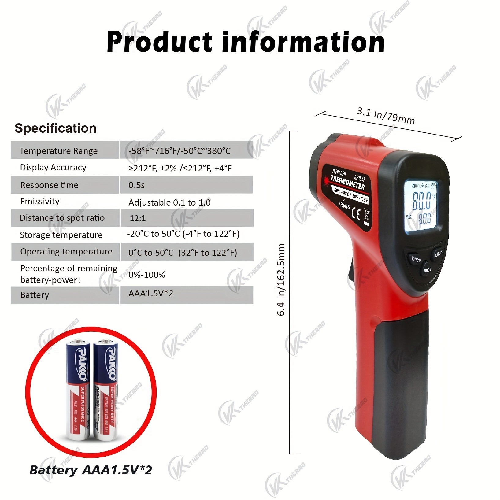 KT THERMO Non-Contact Infrared Temperature Gun Laser Thermometer -50C to 380C for Cooking, Baking & BBQ