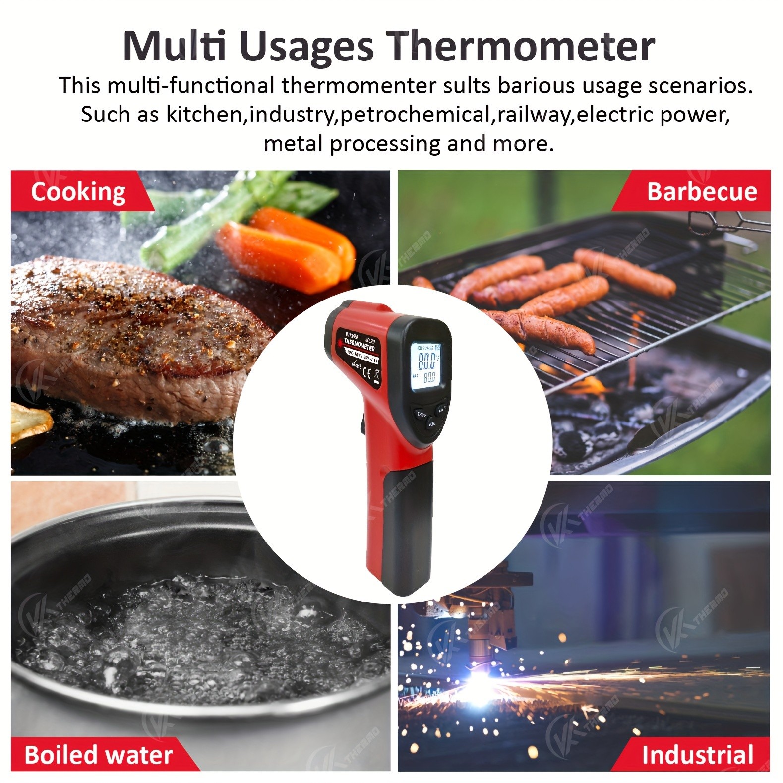 KT THERMO Non-Contact Infrared Temperature Gun Laser Thermometer -50C to 380C for Cooking, Baking & BBQ