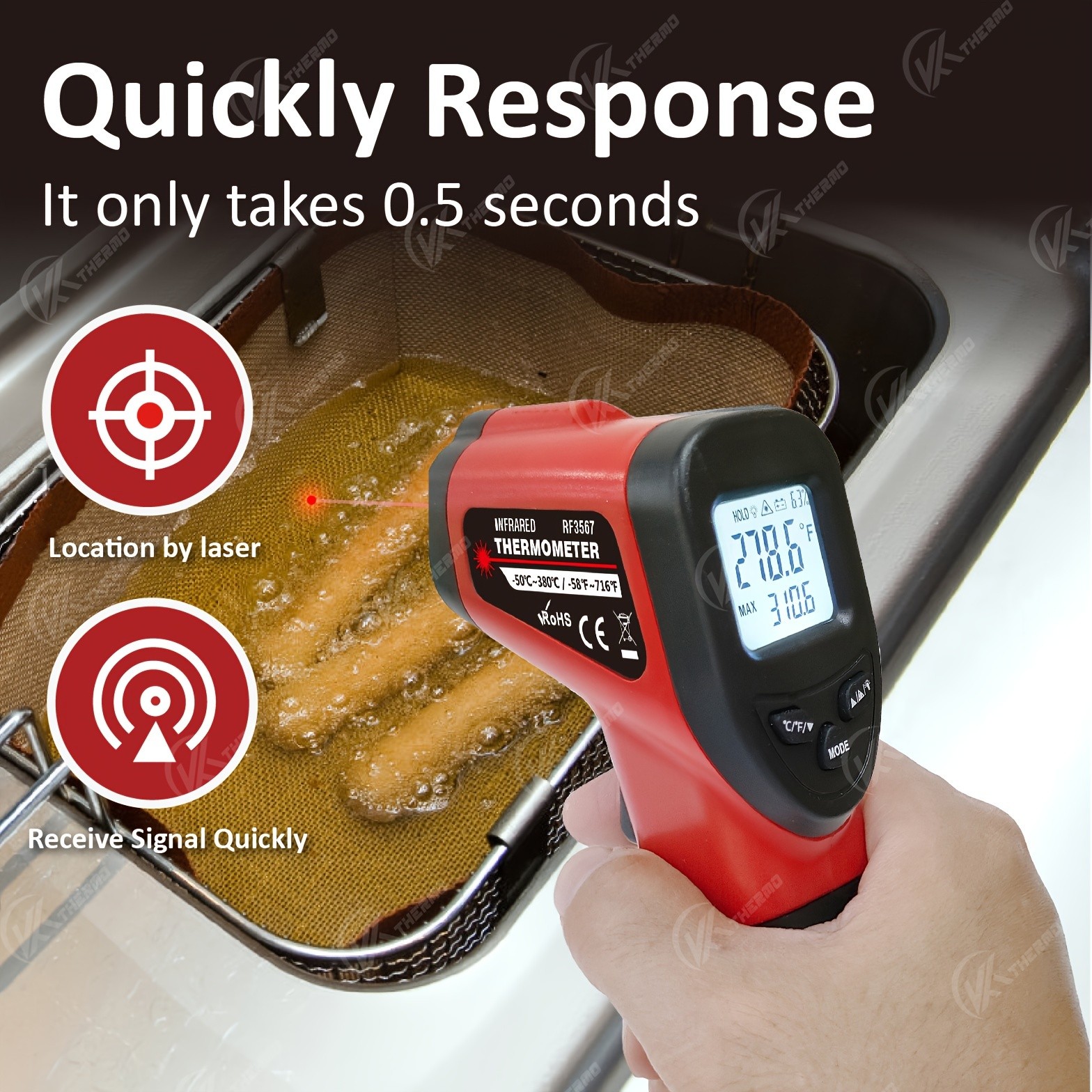 KT THERMO Non-Contact Infrared Temperature Gun Laser Thermometer -50C to 380C for Cooking, Baking & BBQ