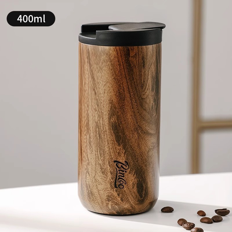 Bincoo Vintage Wood-Grain Insulated Coffee Cup Stainless Steel Thermal Mug for Stylish On-the-Go Sipping