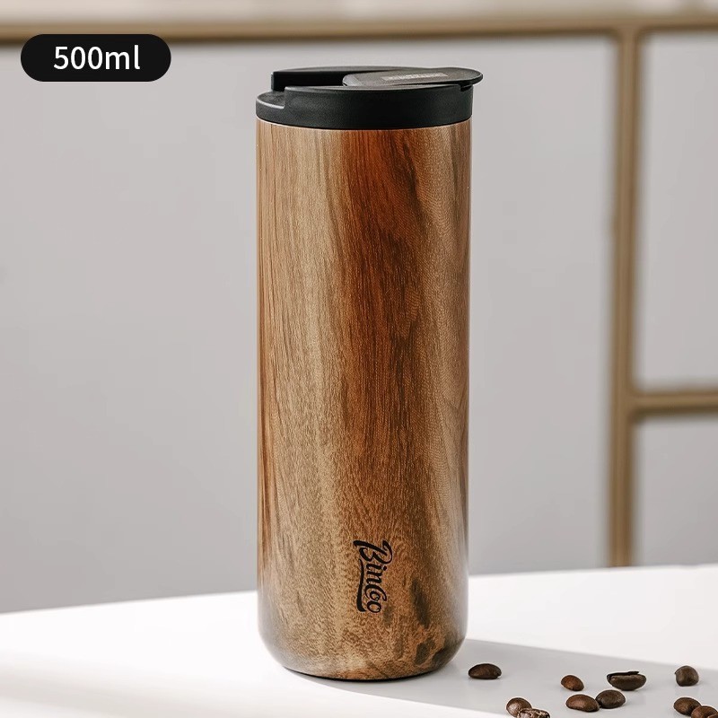Bincoo Vintage Wood-Grain Insulated Coffee Cup Stainless Steel Thermal Mug for Stylish On-the-Go Sipping