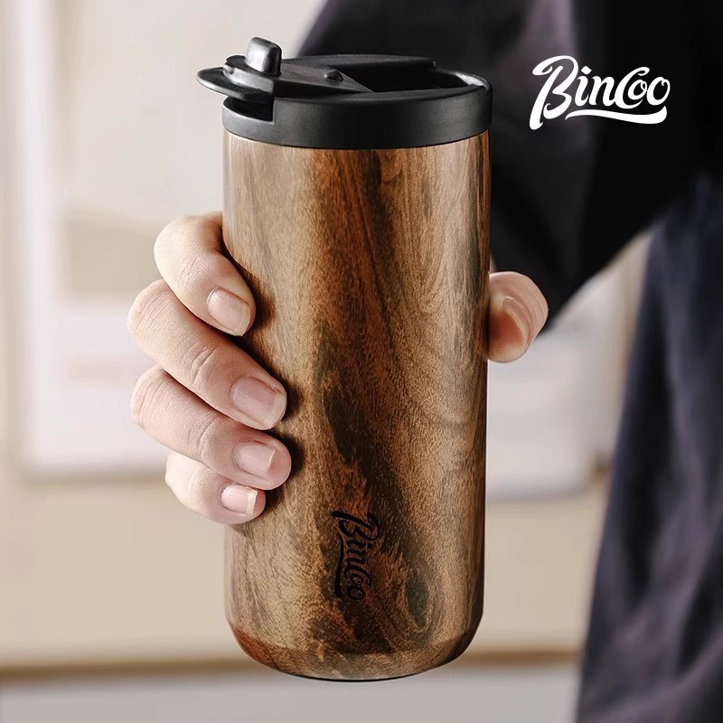 Bincoo Vintage Wood-Grain Insulated Coffee Cup Stainless Steel Thermal Mug for Stylish On-the-Go Sipping