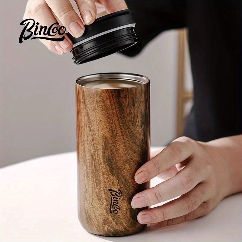 Bincoo Vintage Wood-Grain Insulated Coffee Cup Stainless Steel Thermal Mug for Stylish On-the-Go Sipping