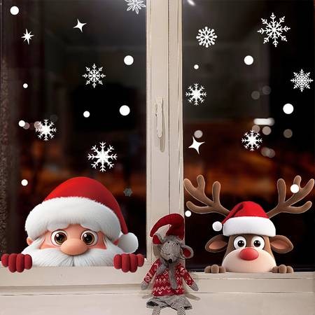 2 Sheets Cute Christmas Window Clings Santa, Reindeer & Snowflakes (Reusable Static Stickers)