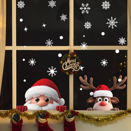 2 Sheets Cute Christmas Window Clings Santa, Reindeer & Snowflakes (Reusable Static Stickers)