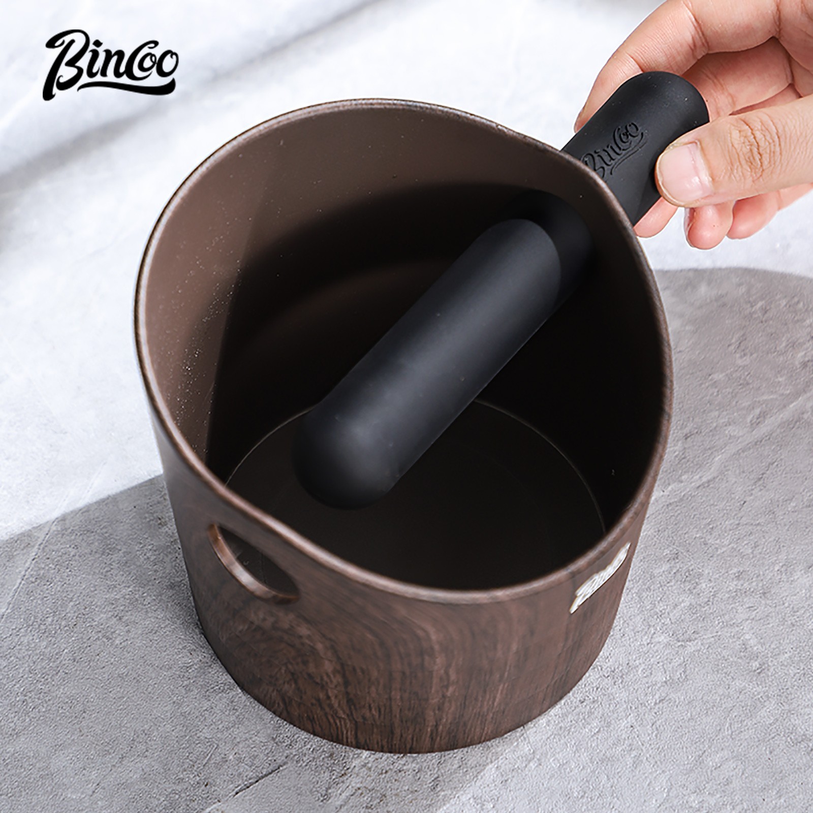 Bincoo Wood Grain Coffee Sludge Bucket Italian-Style ABS Knock Powder Container for Clean, Easy Waste Storage