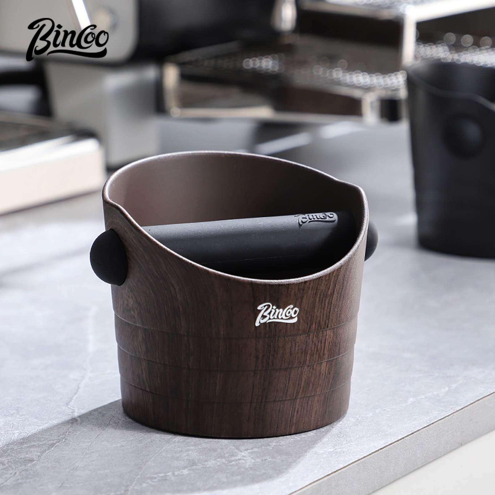 Bincoo Wood Grain Coffee Sludge Bucket Italian-Style ABS Knock Powder Container for Clean, Easy Waste Storage