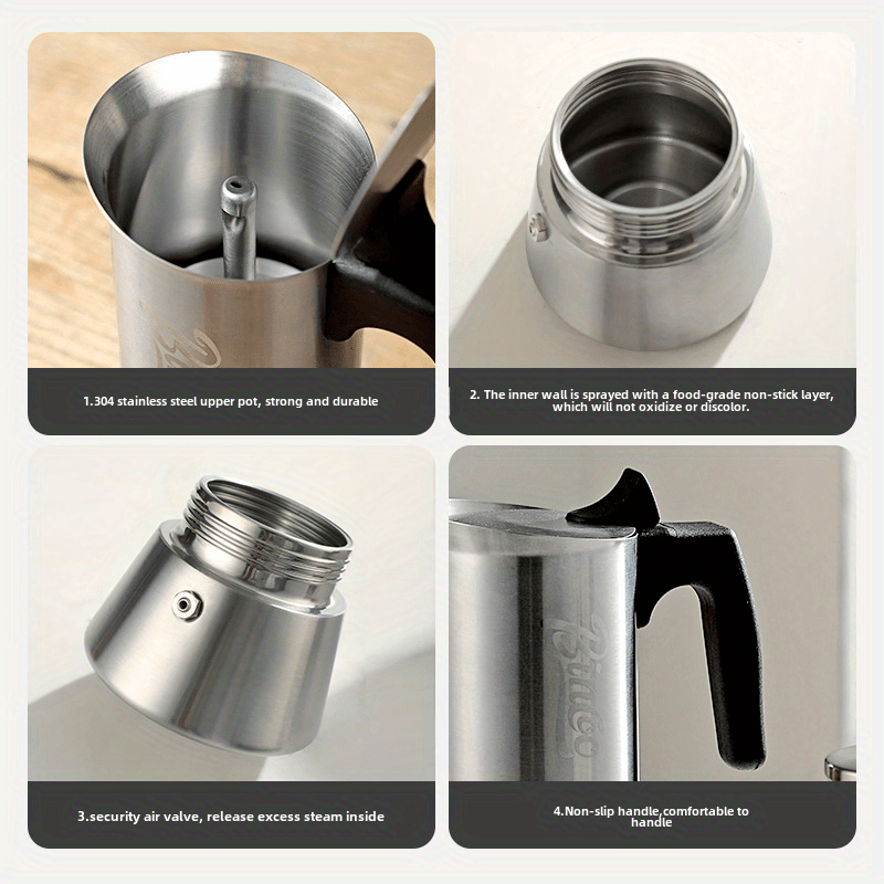 Bincoo Stainless Steel Moka Pot Single Valve Espresso Maker for Home Brewing