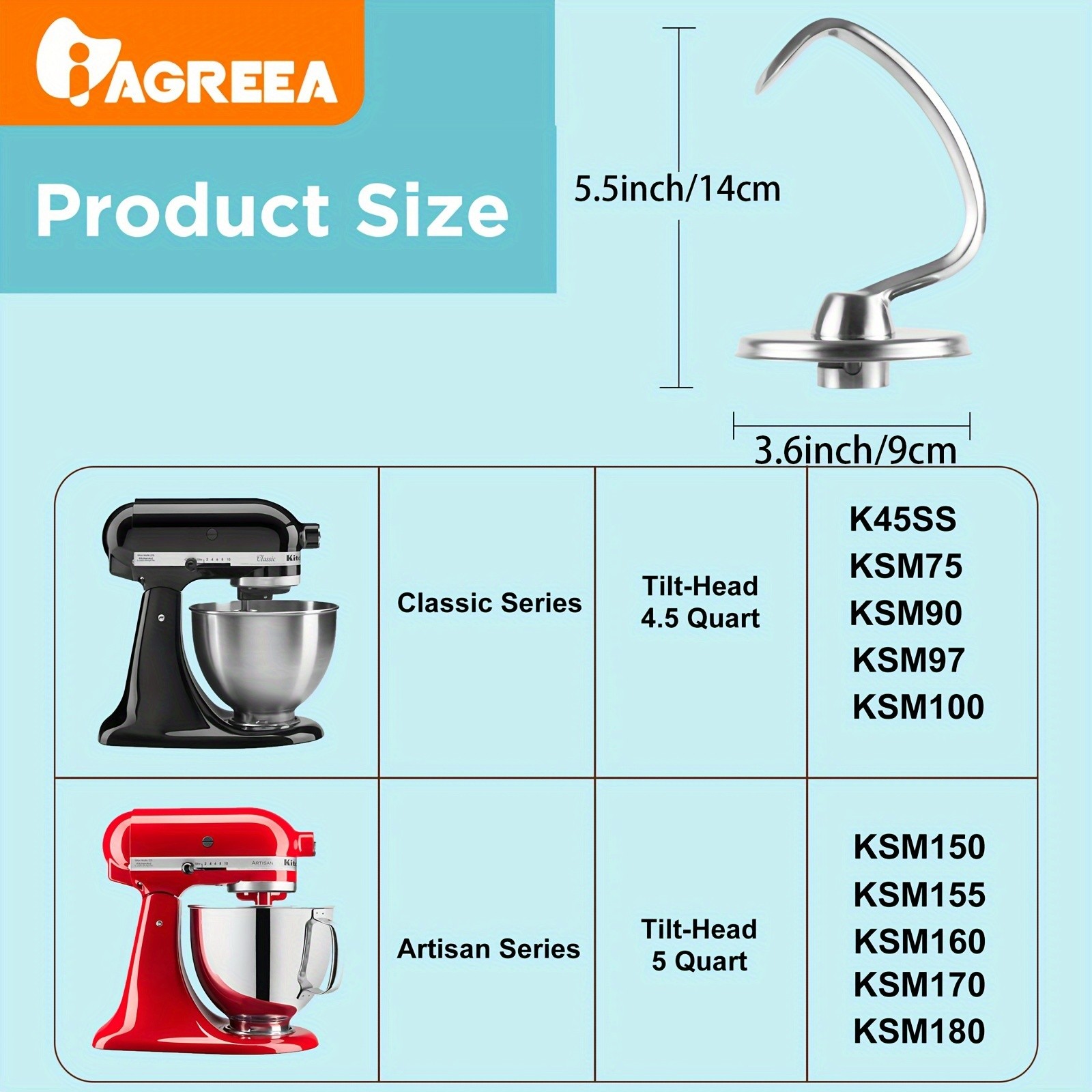 IAGREEA Stainless Spiral Dough Hook Heavy-Duty Mixer Attachment for Bread & Pizza